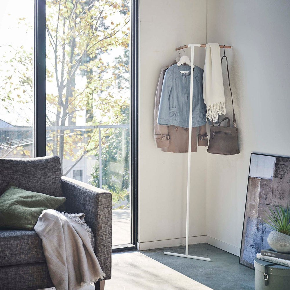 Corner Leaning Steel & Wood Coat Hanger, 63" H