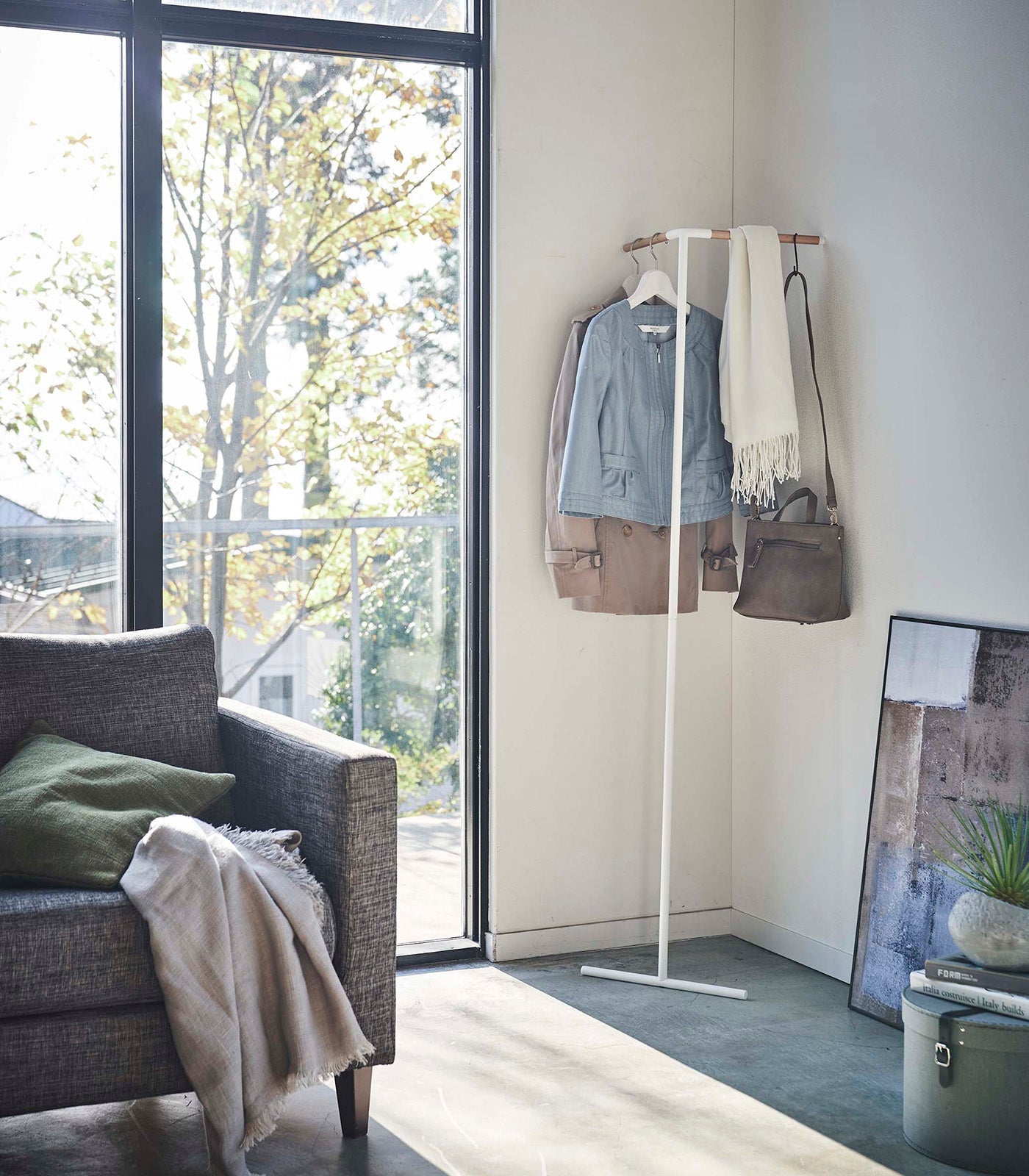 Corner Leaning Steel & Wood Coat Hanger, 63" H