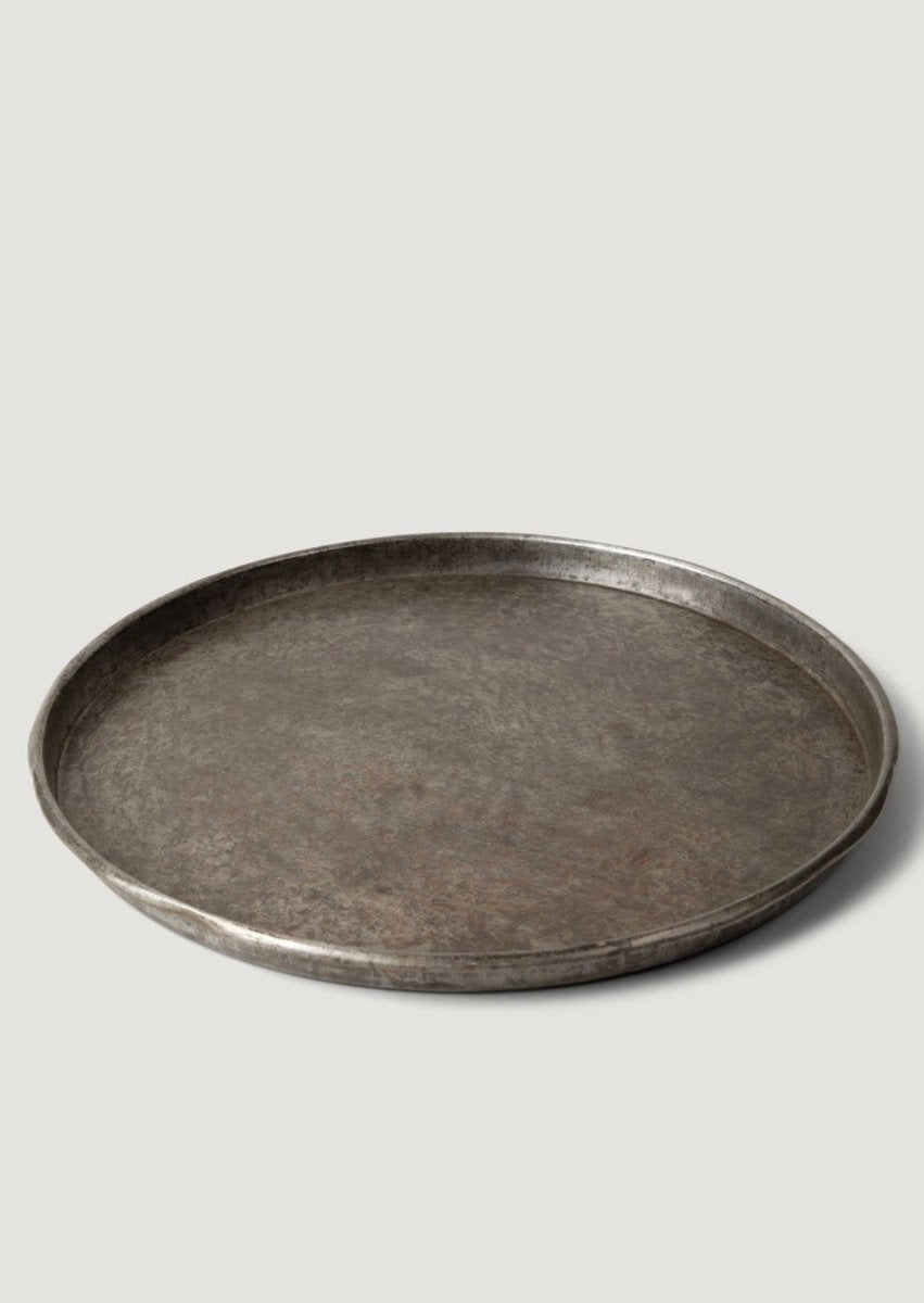 puebco Recycled Steel Large Round Tray in Rustic Patina, 21" - lily & onyx