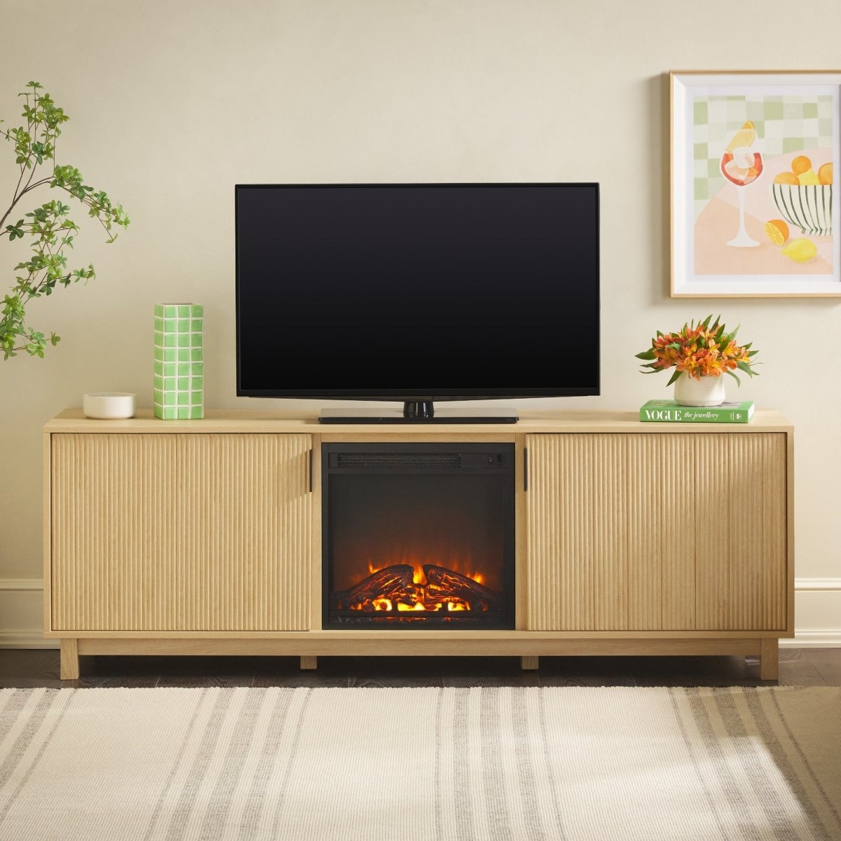 Walker Edison Reema Scandinavian 70" Modern Reeded TV Stand with Freestanding Electric Fireplace - lily & onyx