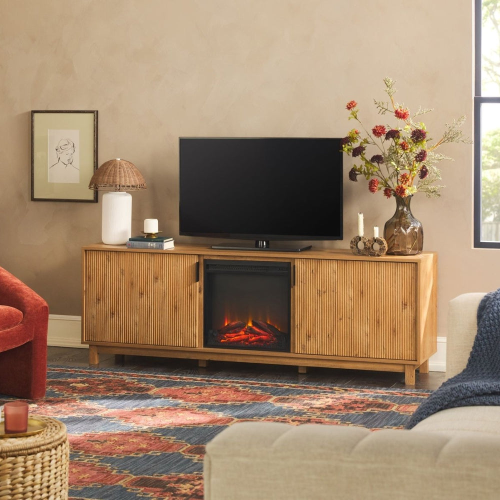 Walker Edison Reema Scandinavian 70" Modern Reeded TV Stand with Freestanding Electric Fireplace - lily & onyx