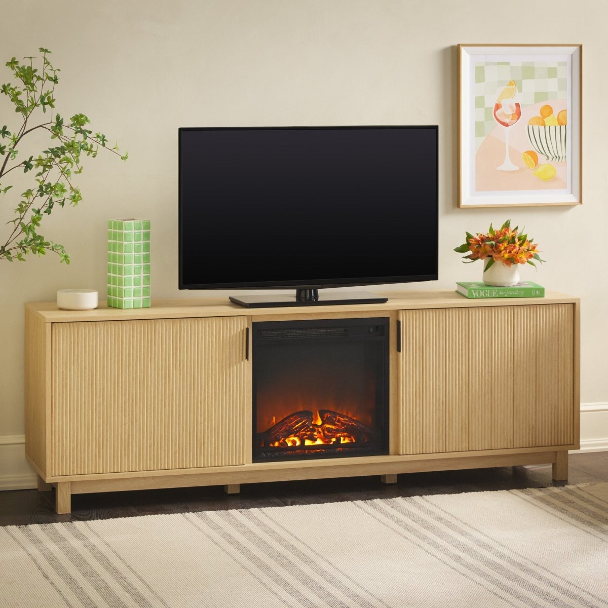 Walker Edison Reema Scandinavian 70" Modern Reeded TV Stand with Freestanding Electric Fireplace - lily & onyx