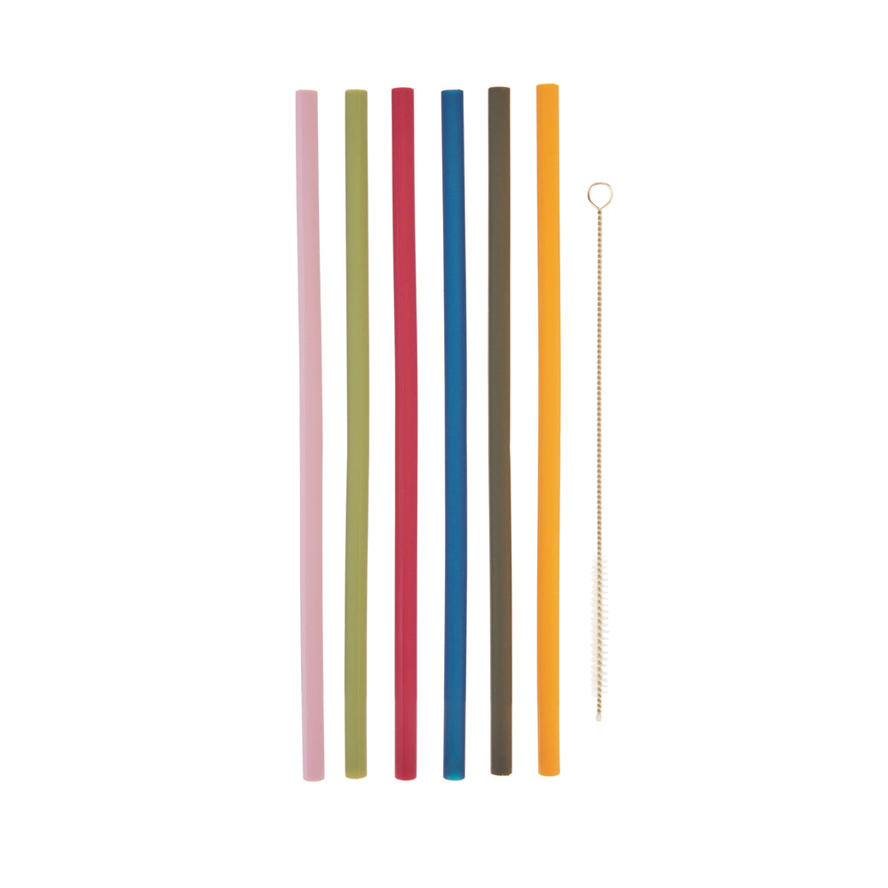 Silicone Straws with Cleaning Brush in Assorted Colors, Set of 6
