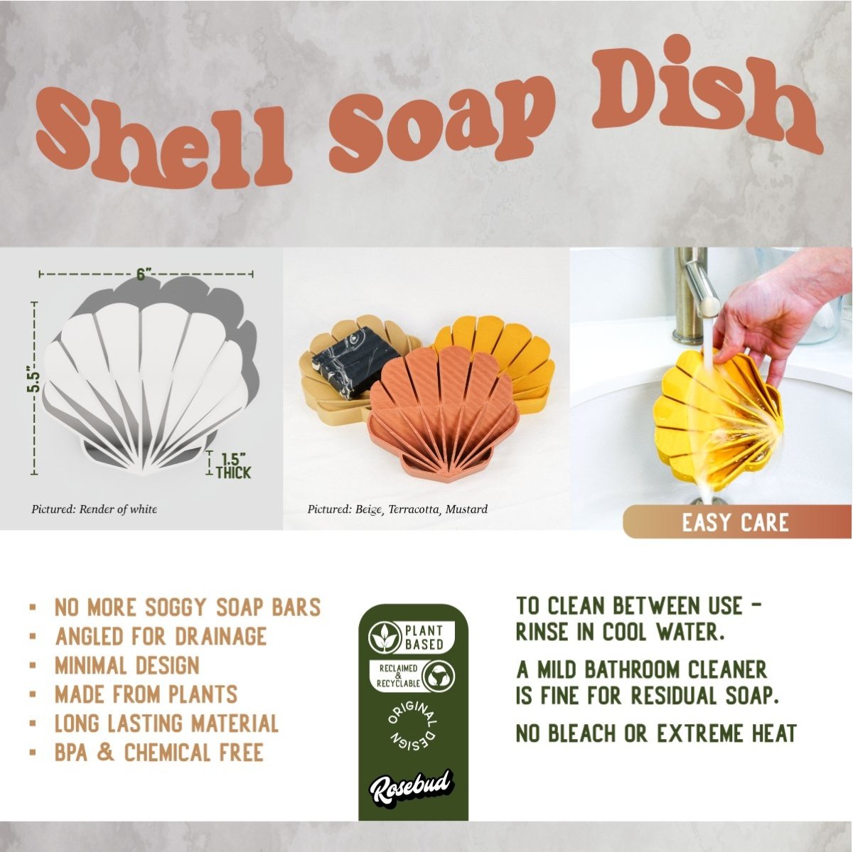 Rosebud HomeGoods 3D Printed Seashell Soap Dish with Drainage - Eco - Friendly PLA