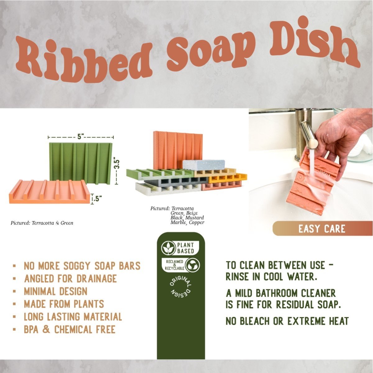Rosebud HomeGoods Ribbed 3D Printed Soap Dish with Drainage - PLA Eco - Friendly