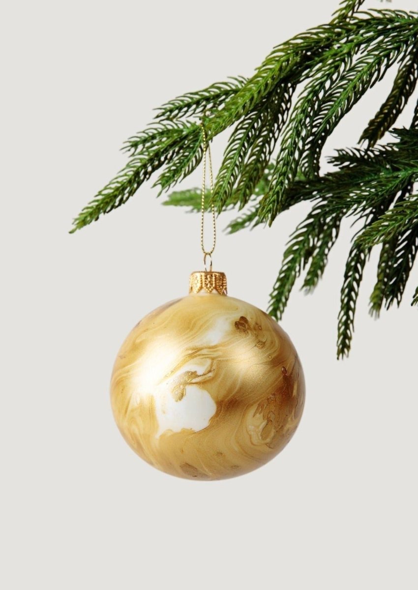 Thie Round Glass Bulb Christmas Ornament in Gold Marble, 3"