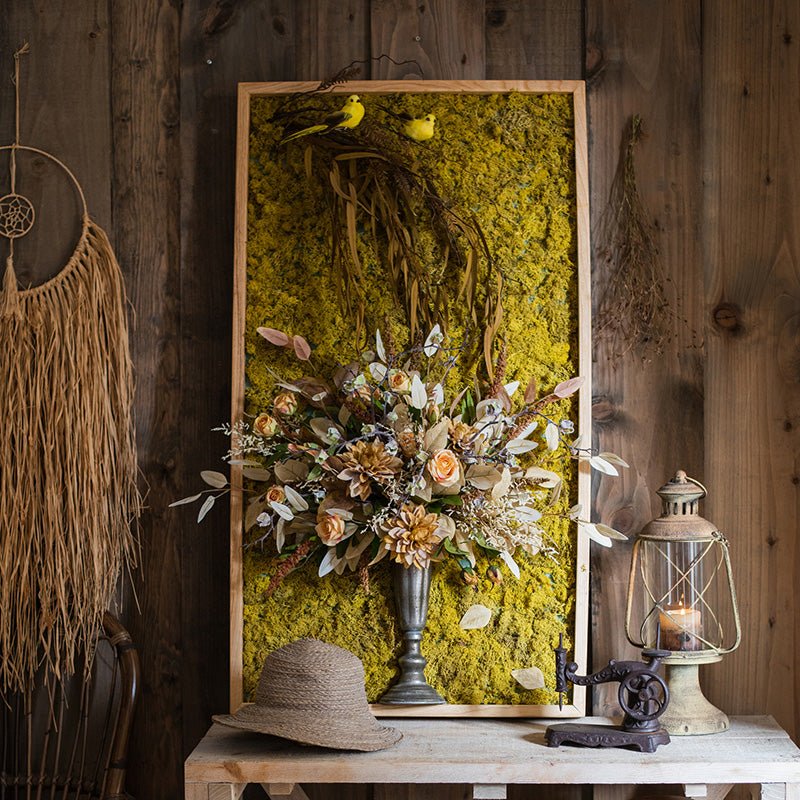 Rustic Reach 3D Golden Bird Vase Wall Art Silk Flowers Wood Frame 45"H