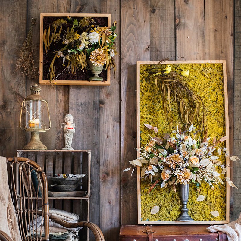 Rustic Reach 3D Golden Bird Vase Wall Art Silk Flowers Wood Frame 45"H