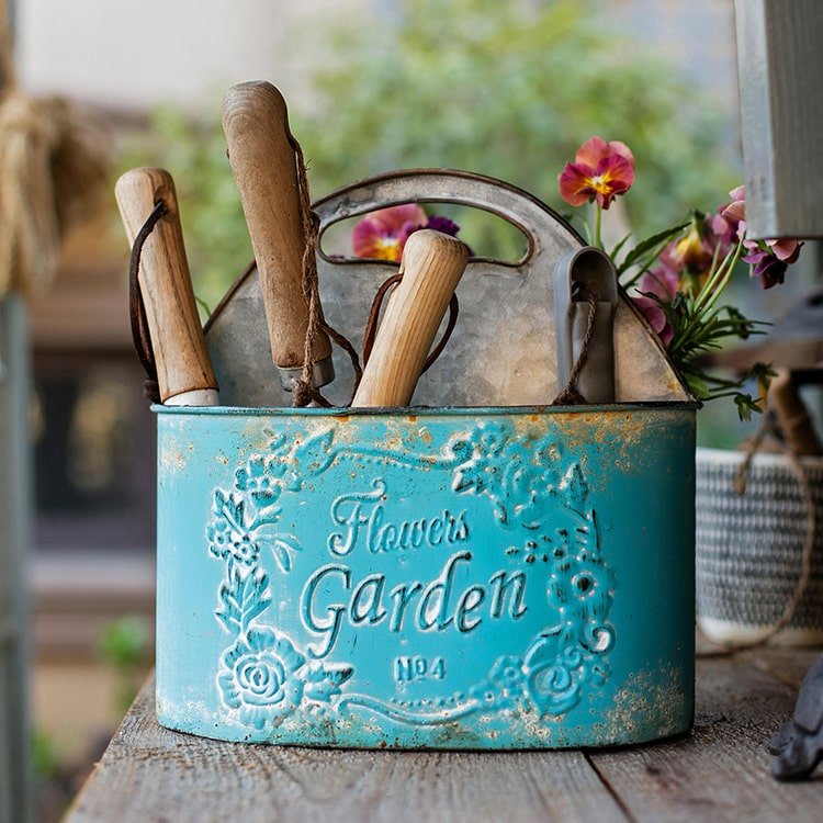 Rustic Reach Blue Metal Basket Tool Organizer Flower Garden