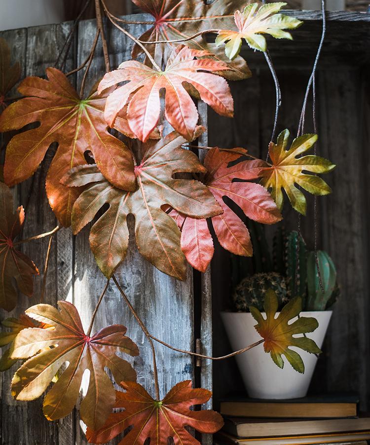 Rustic Reach Handmade Artificial Fatsia Leaf 32" - Autumn Red Faux Fall Stem