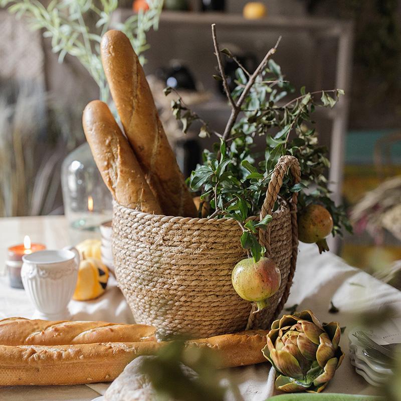 Rustic Reach Khaki Brown Solid Color Straw Basket With Handles