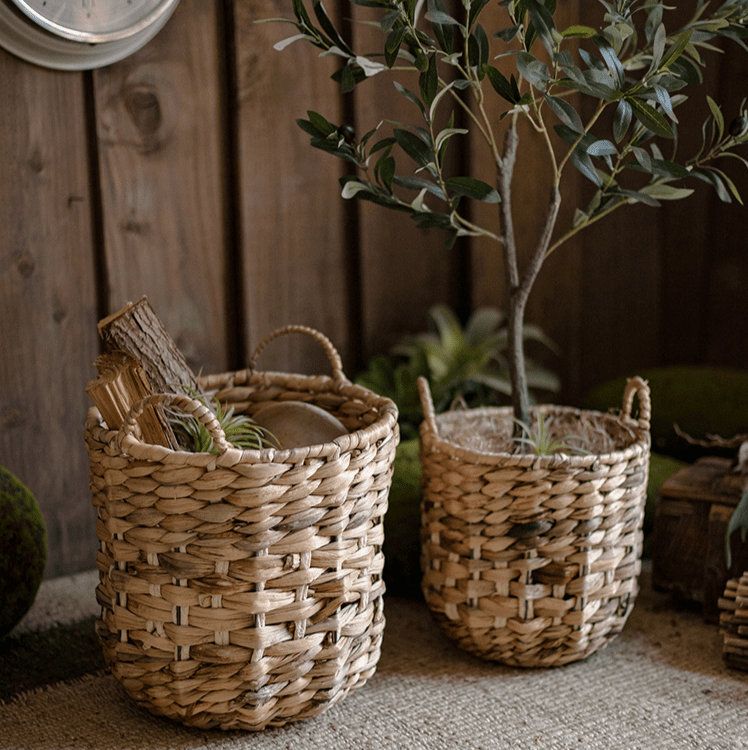 Rustic Reach Natural Straw Round Basket with Handles