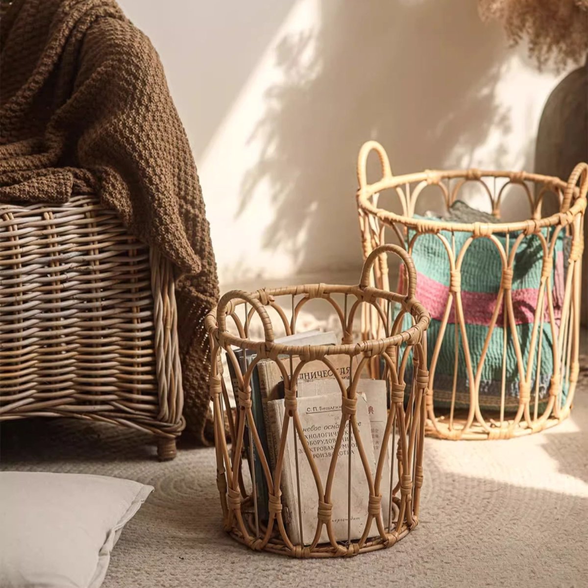 RusticReach Bohemian Open-Weave Rattan Basket | Arched Lattice Panel, Two Handles