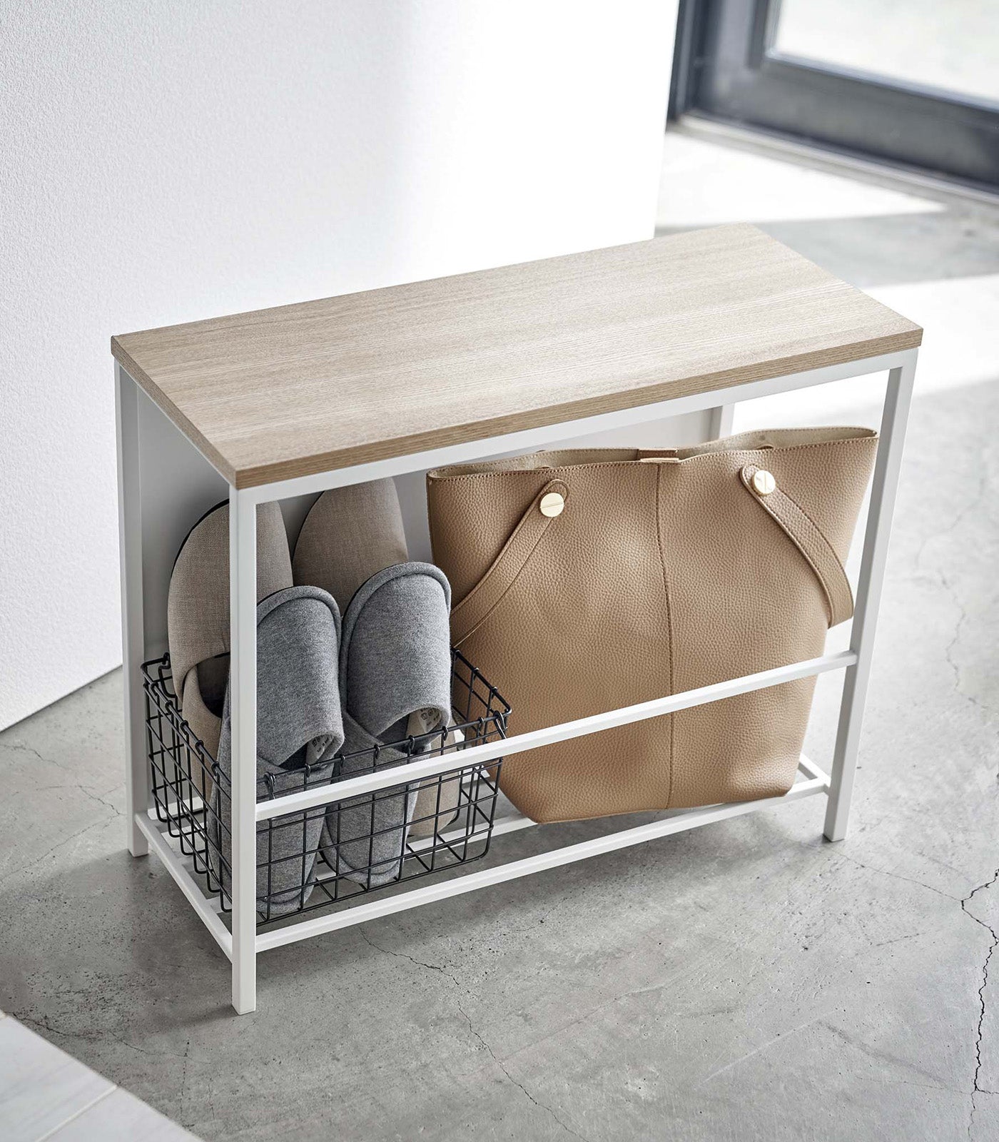 Entryway Storage Organizer + Bench, 18" H  - Steel + Wood