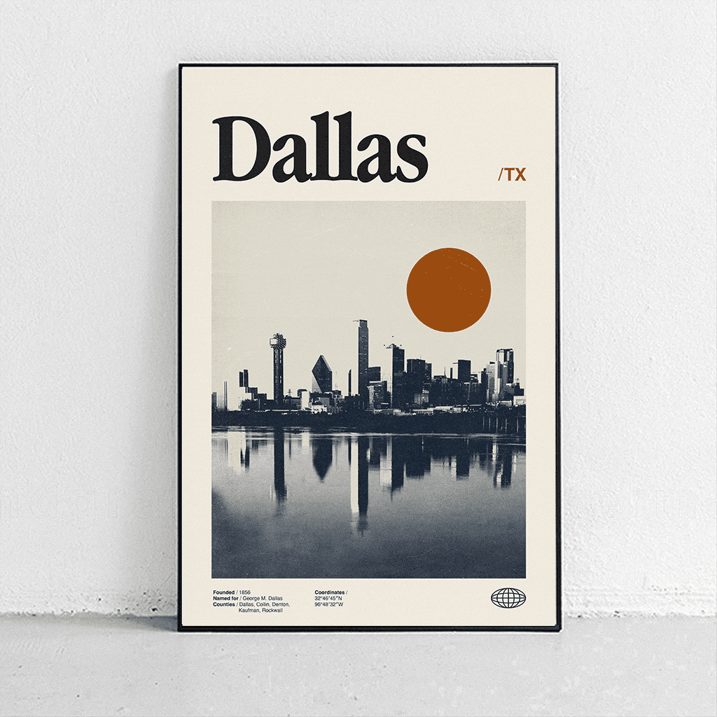 Sandgrain Studio Dallas Texas Travel Poster - Vintage Midcentury Modern Wall Art Print