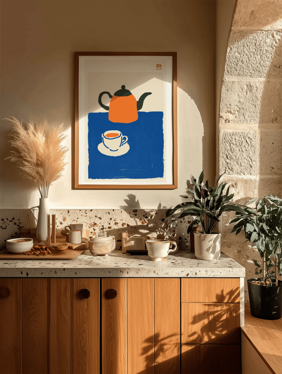Sandgrain Studio Kettle and Tea Japandi Art Print – Japanese Modern Wall Decor