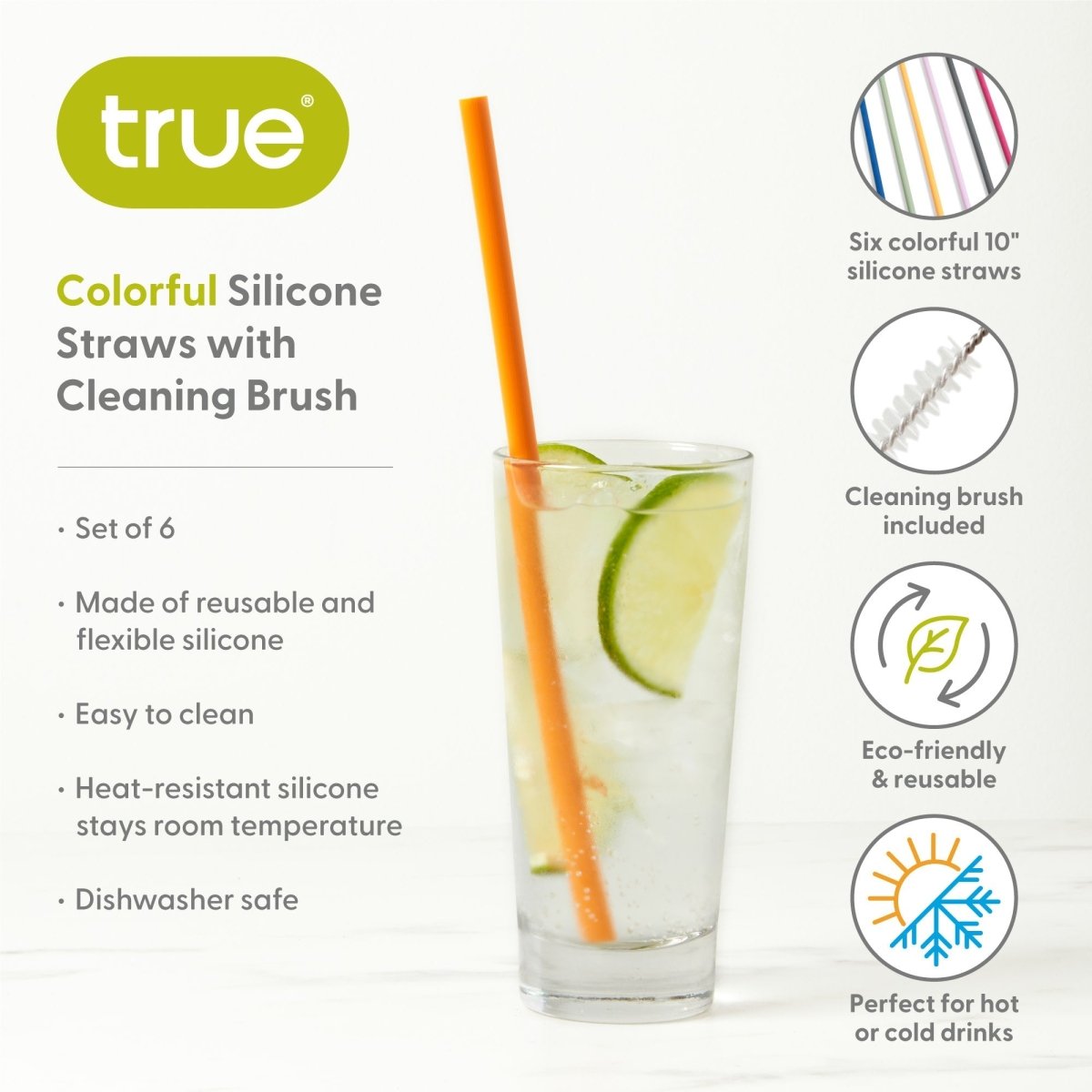 True Silicone Straws with Cleaning Brush in Assorted Colors, Set of 6 - lily & onyx