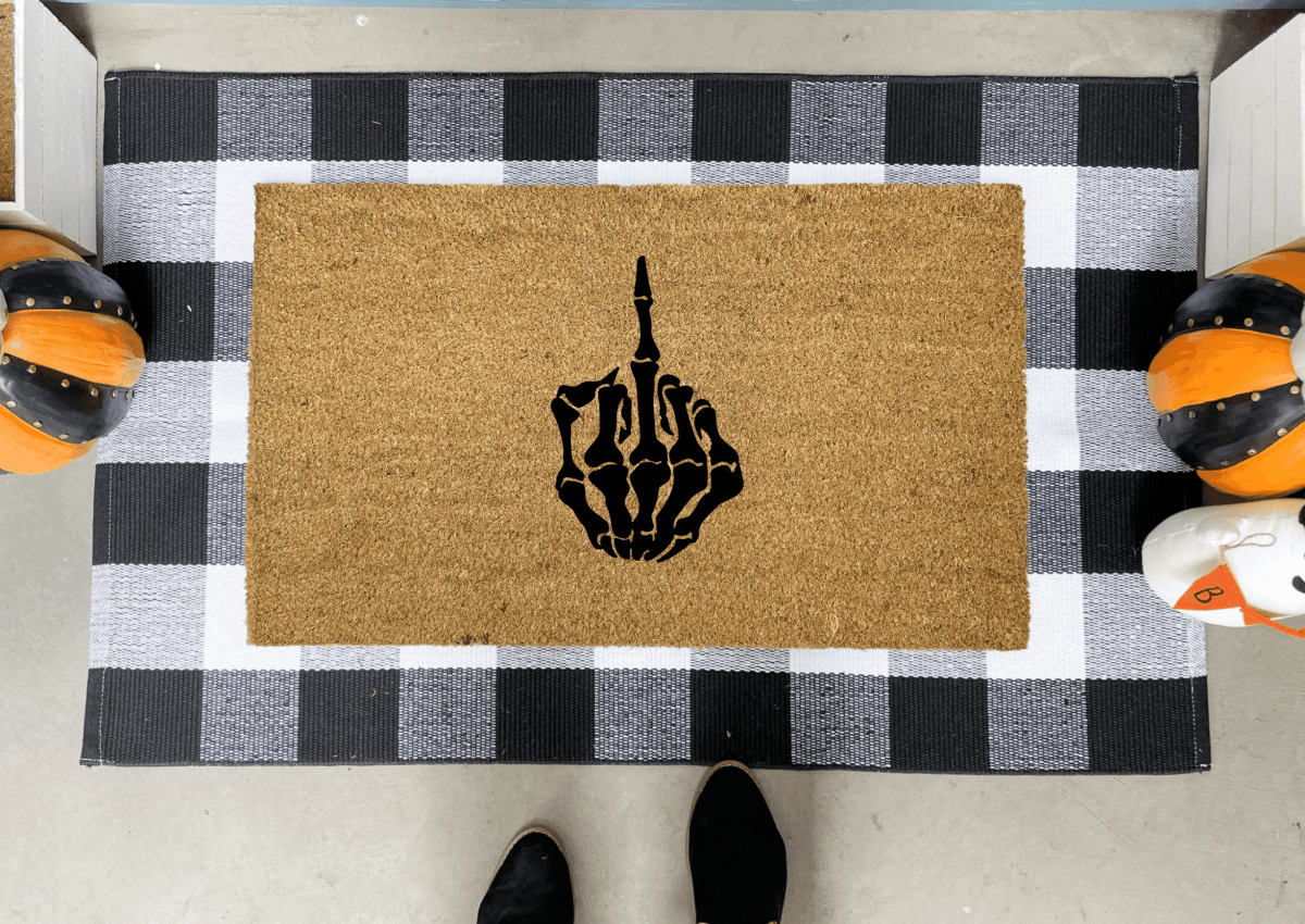 Nickel Designs Custom Doormats Skeleton Middle Finger Halloween Doormat