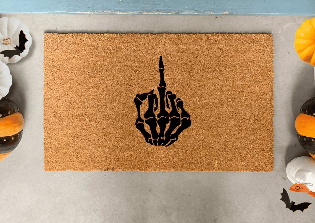 Nickel Designs Custom Doormats Skeleton Middle Finger Halloween Doormat