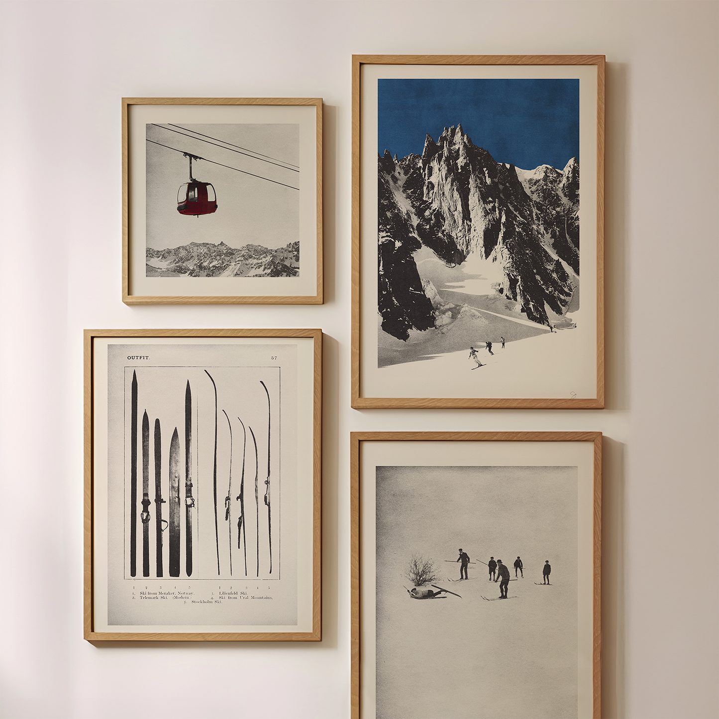 Set of 4 natural oak wood framed ski and mountain prints, black-and-white photos with blue alpine peak, modern decor