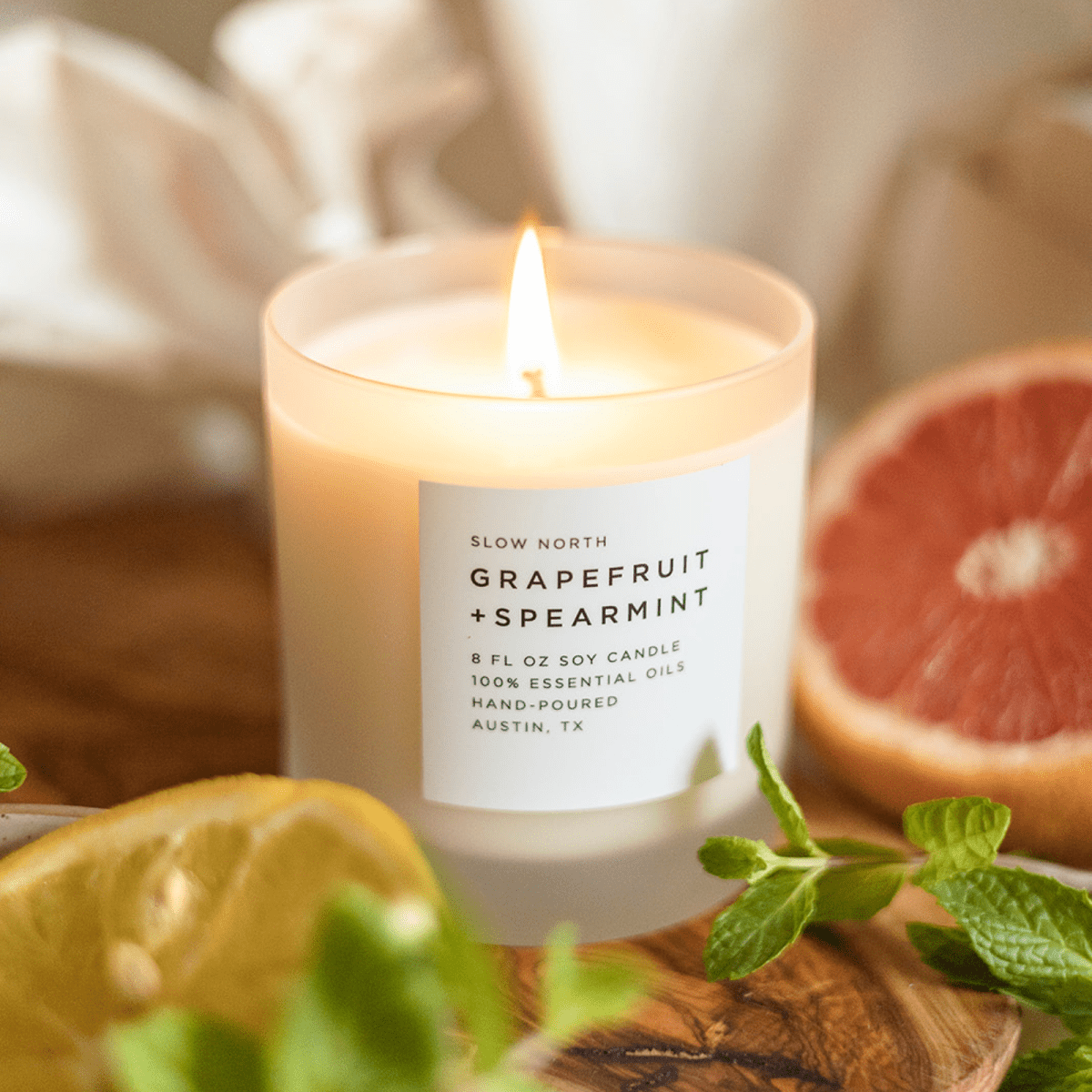 Slow North Grapefruit Spearmint Soy Candle 8oz | Natural Frosted Glass