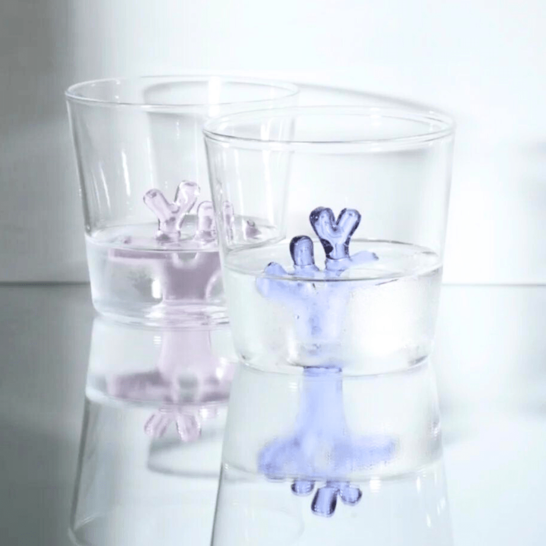 SPREZZ Whimsical Coral Motif Glass Tumblers - Set of 4 | Colorful Handblown Water Glasses