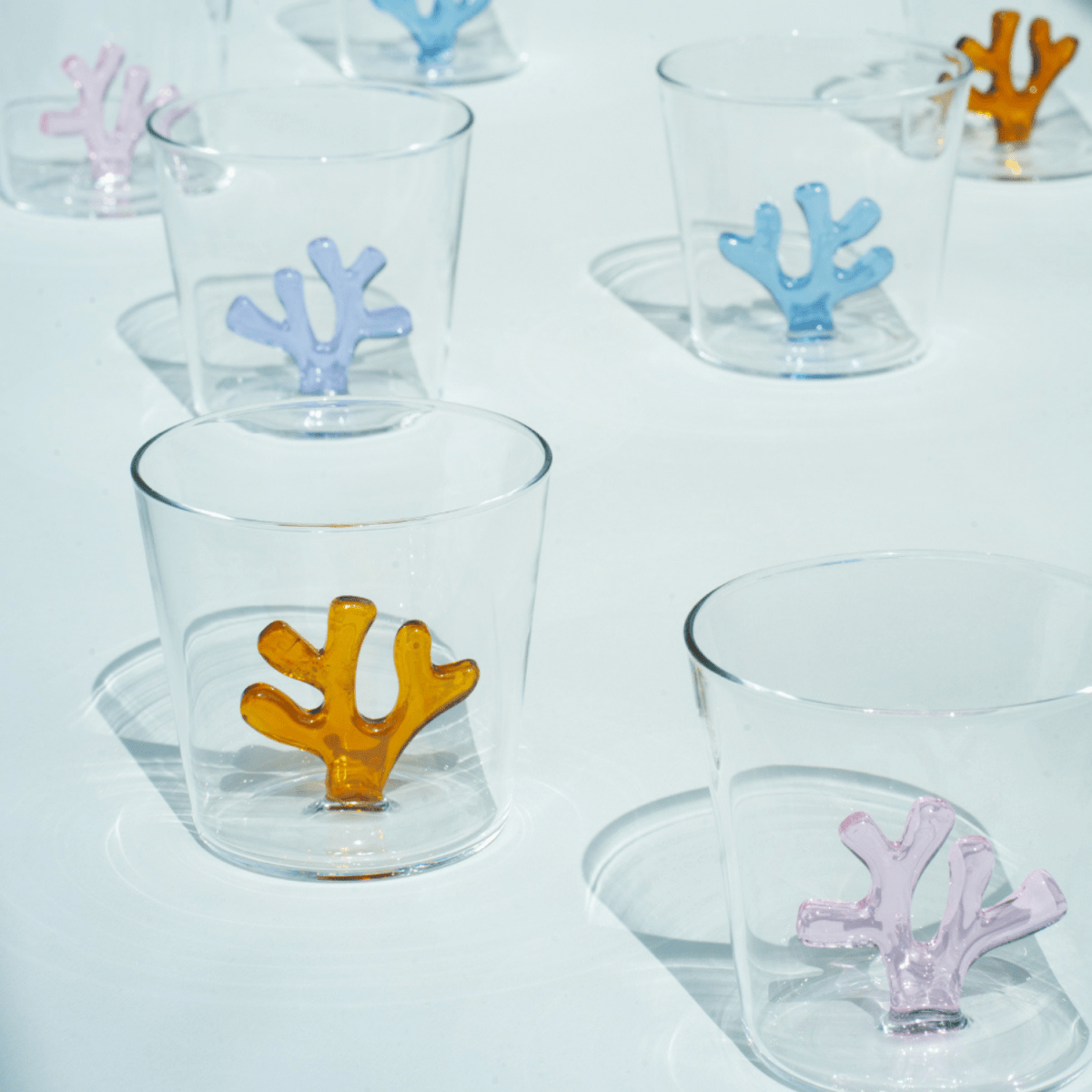 SPREZZ Whimsical Coral Motif Glass Tumblers - Set of 4 | Colorful Handblown Water Glasses
