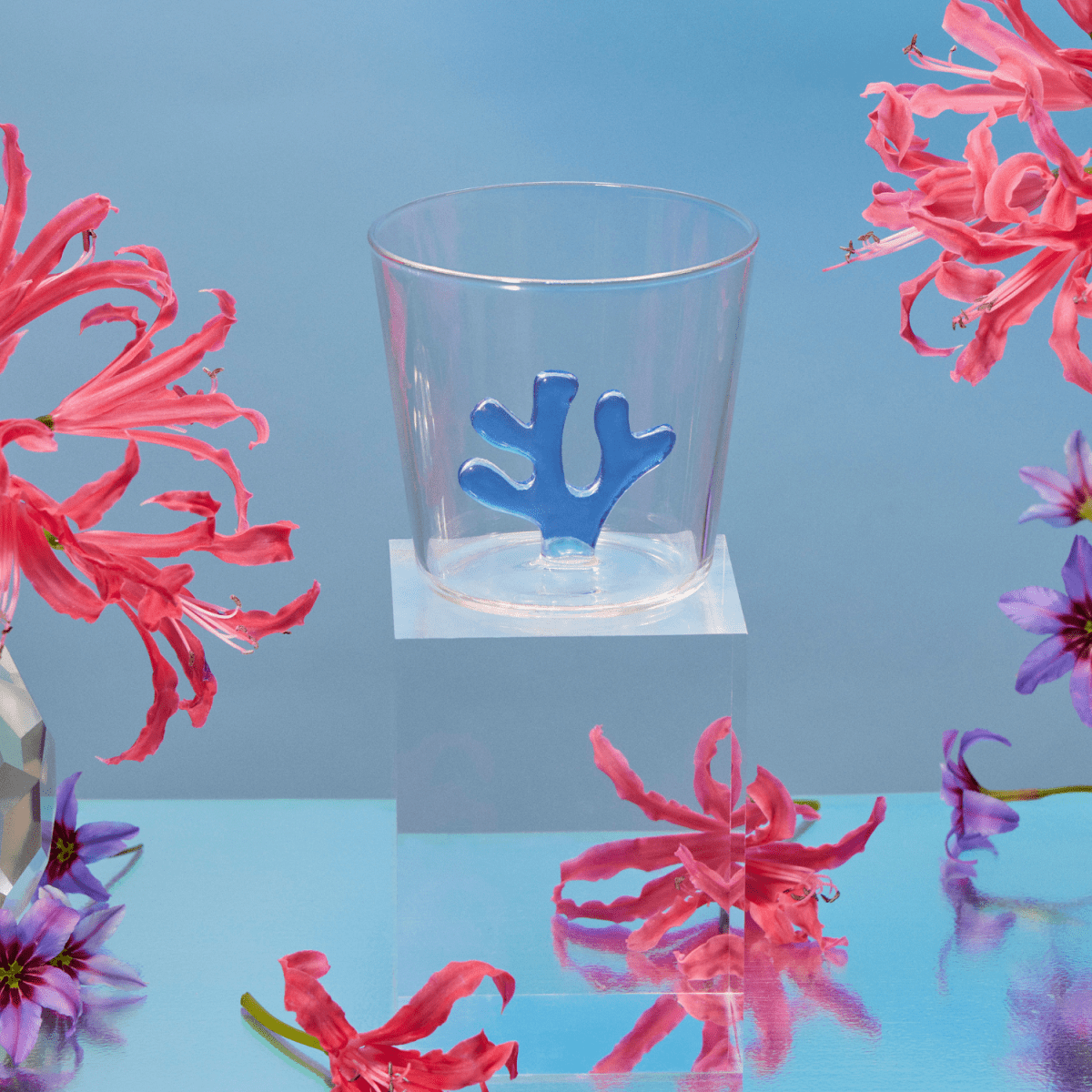 SPREZZ Whimsical Coral Motif Glass Tumblers - Set of 4 | Colorful Handblown Water Glasses