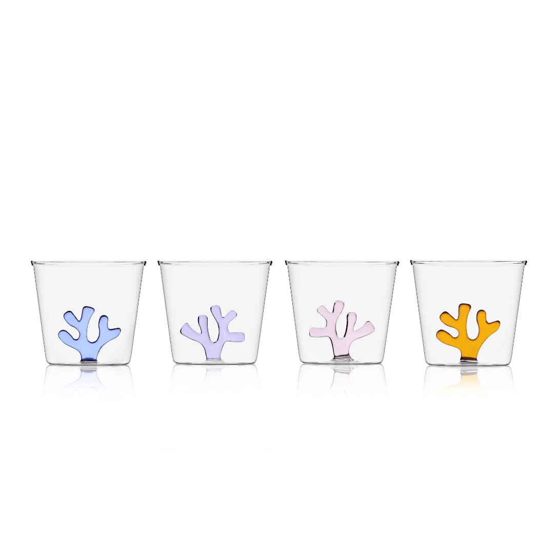 SPREZZ Whimsical Coral Motif Glass Tumblers - Set of 4 | Colorful Handblown Water Glasses