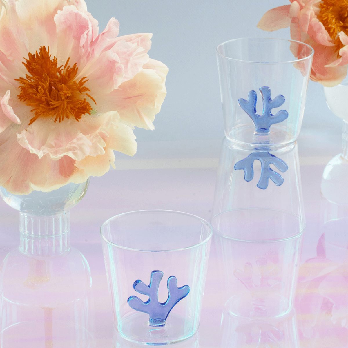 SPREZZ Whimsical Coral Motif Glass Tumblers - Set of 4 | Colorful Handblown Water Glasses