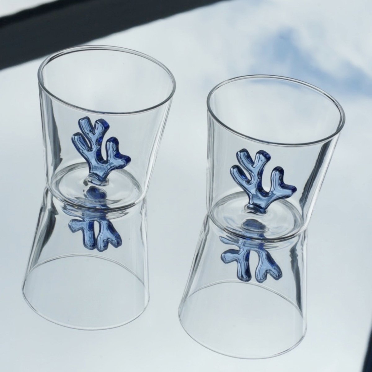 SPREZZ Whimsical Coral Motif Glass Tumblers - Set of 4 | Colorful Handblown Water Glasses