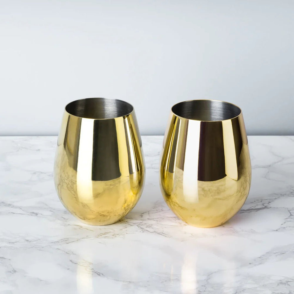 Viski Stainless Steel Stemless Wine Glasses in Gold, Set of 2 - lily & onyx