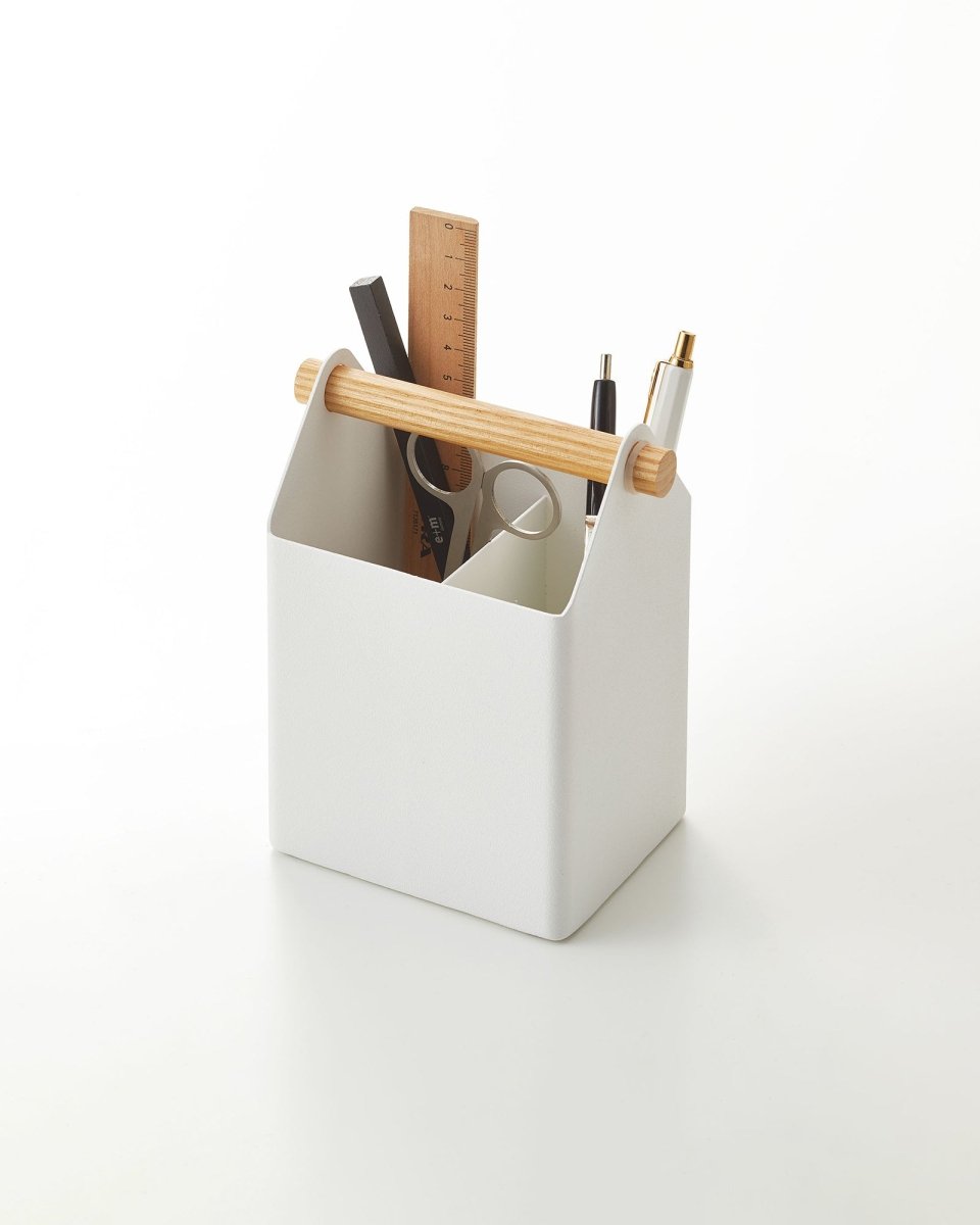 Yamazaki Home Steel Pen & Desk Organizer with Wood Handle, Small - lily & onyx