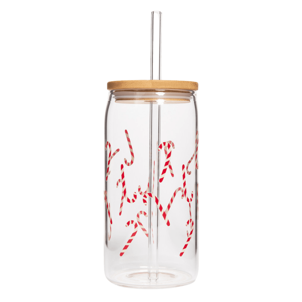 Sweet Water Decor Candy Cane Glass Can Tumbler, 17 oz with Bamboo Lid & Straw