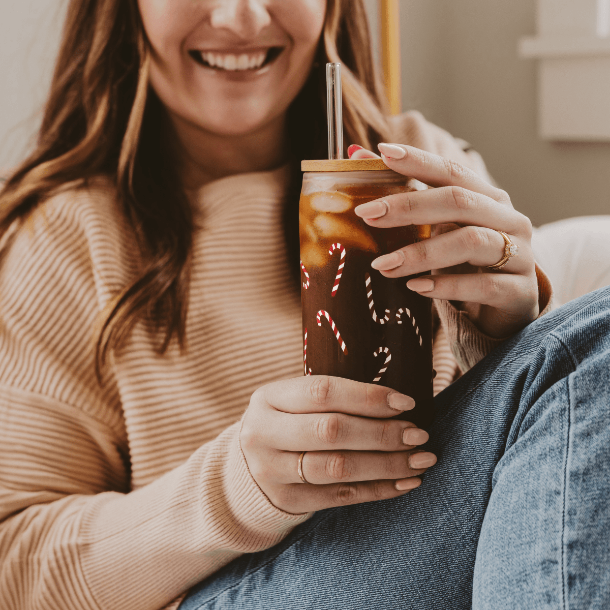 Sweet Water Decor Candy Cane Glass Can Tumbler, 17 oz with Bamboo Lid & Straw