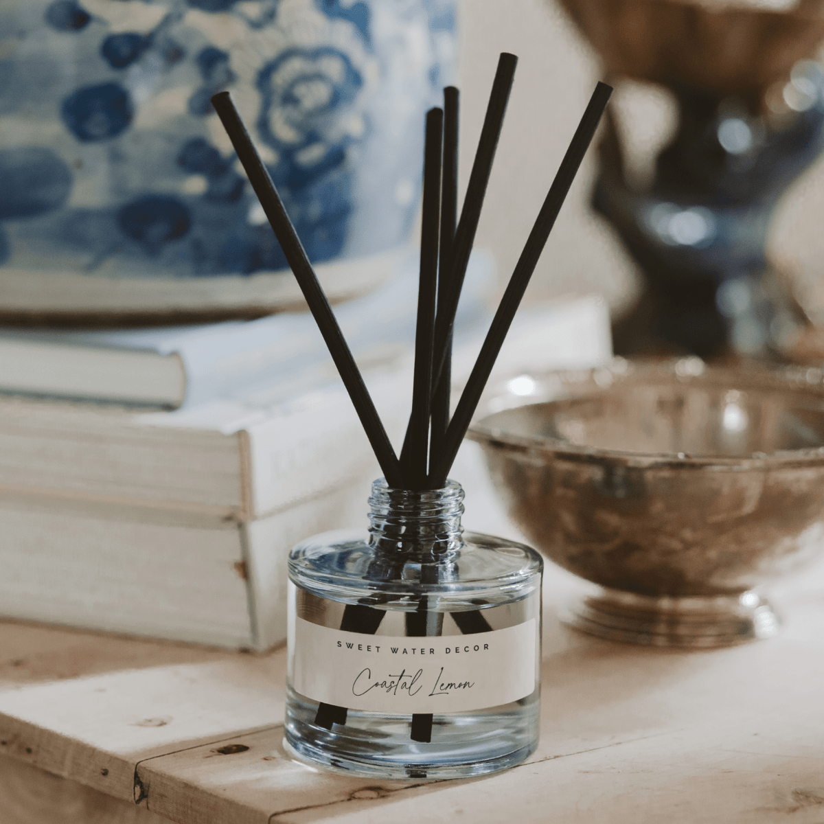 Sweet Water Decor Coastal Lemon Blue Tinted Glass Reed Diffuser 3.5oz - Sea Salt Citrus