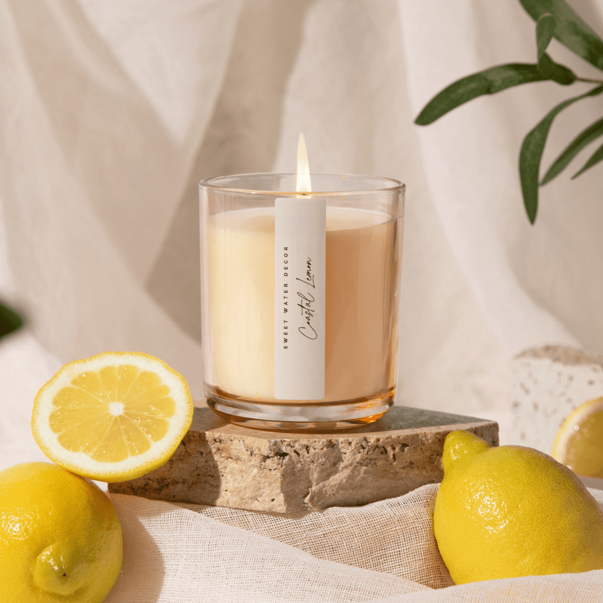 Sweet Water Decor Coastal Lemon Soy Candle - 12 oz Tinted Glass Jar - Lemon & Sea Salt
