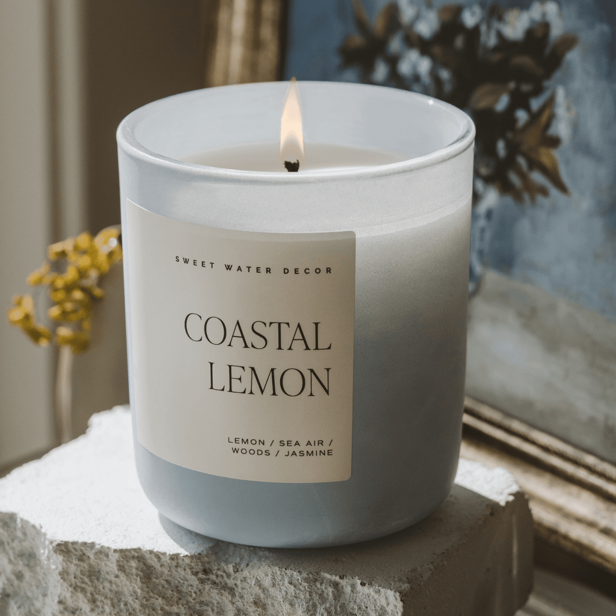 Sweet Water Decor Coastal Lemon Soy Candle - 15 oz Blue Matte Jar - Sea Salt Citrus