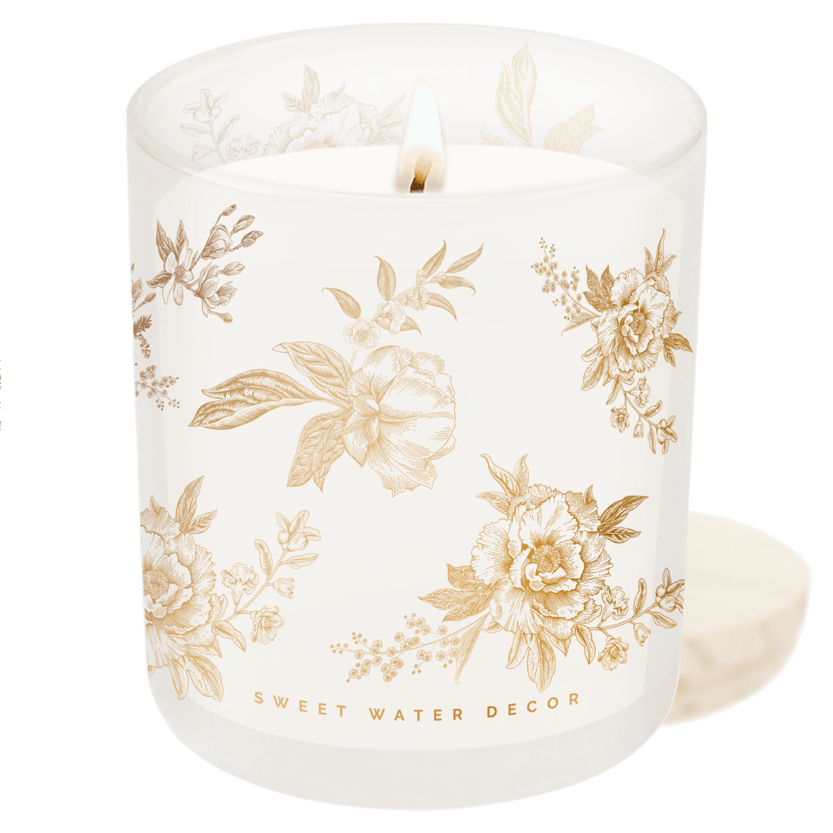 Sweet Water Decor Gold Floral Soy Candle - 12 oz White Translucent Tinted Glass Jar - Fresh Apple Blossom