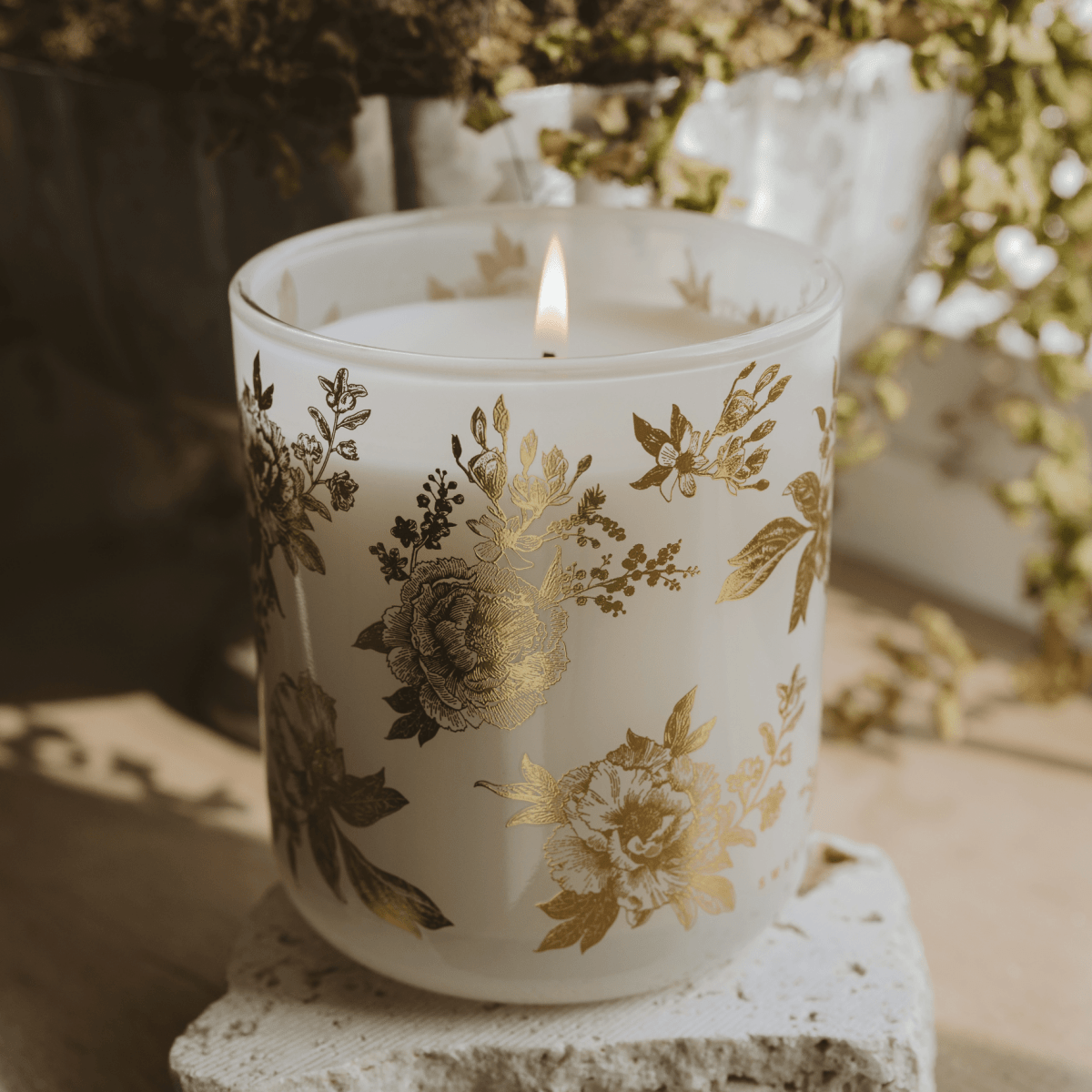 Sweet Water Decor Gold Floral Soy Candle - 12 oz White Translucent Tinted Glass Jar - Fresh Apple Blossom