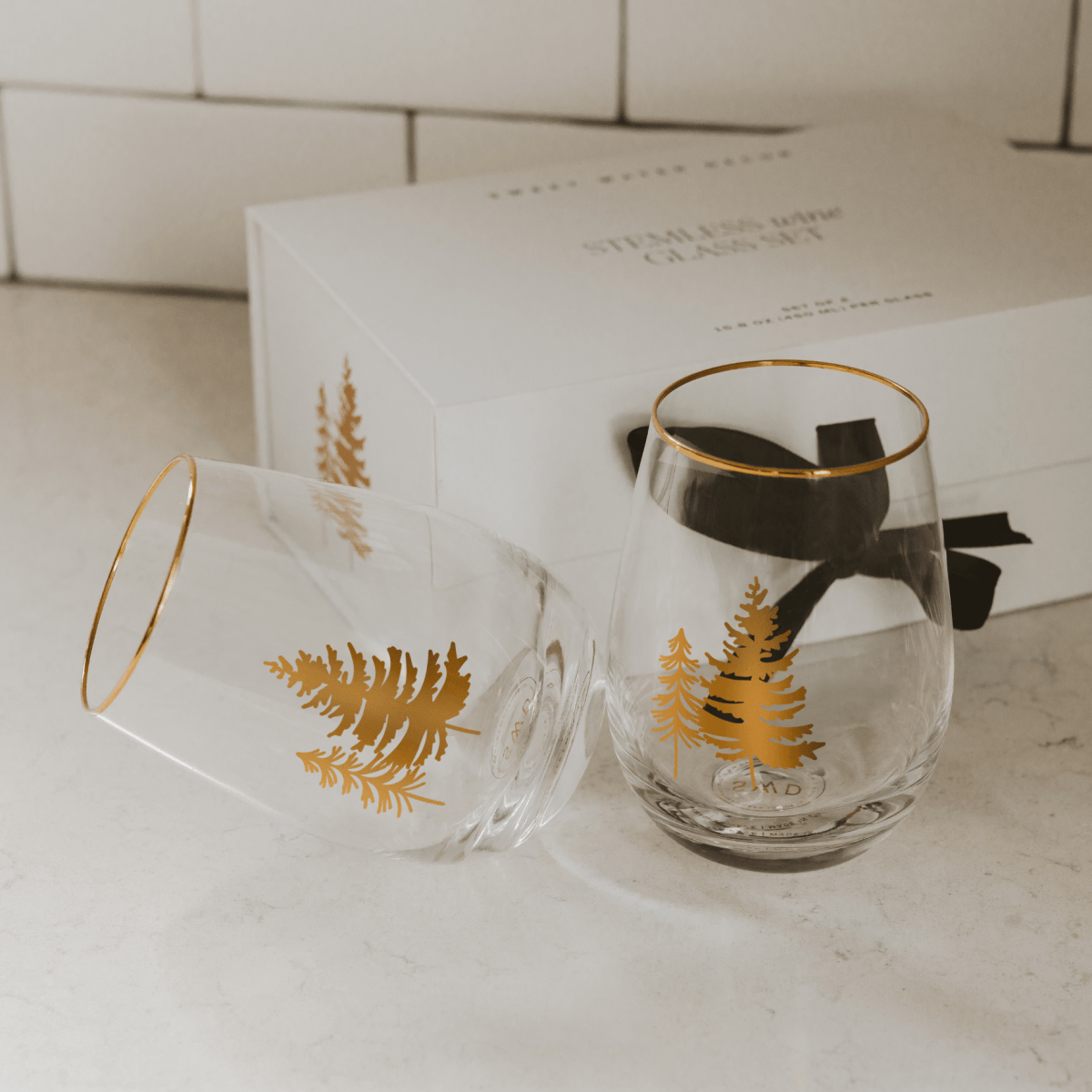 Sweet Water Decor Gold Trees Stemless Wine Glass, Boxed Set of 2