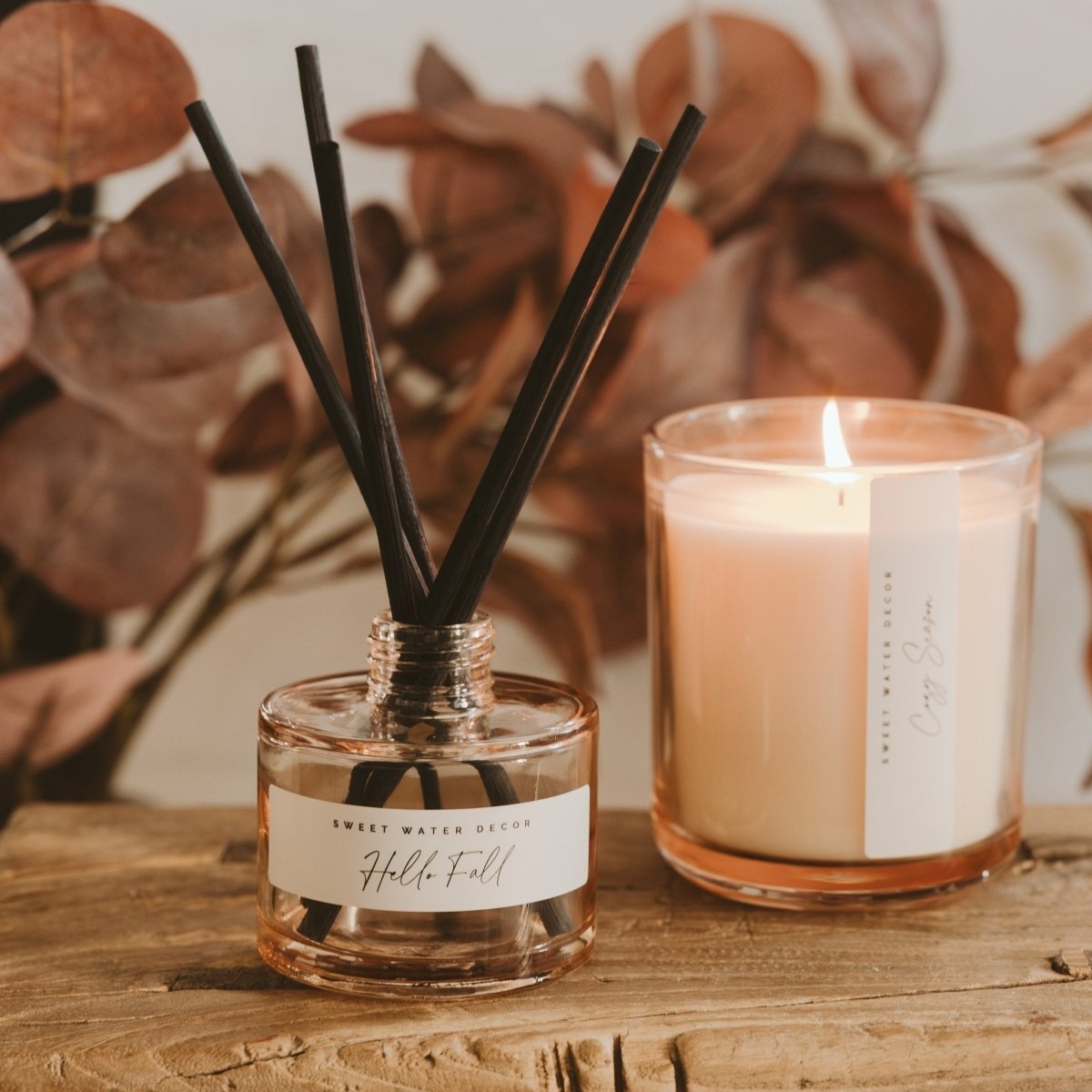 Sweet Water Decor Hello Fall Reed Diffuser - 3.5oz Tinted Glass Jar - Apple Cinnamon Cider