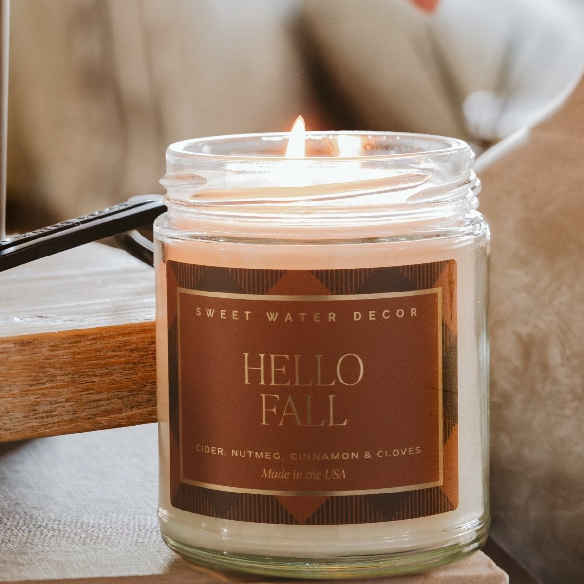 Sweet Water Decor Hello Fall Soy Candle - Patterned 9 oz Clear Jar - Apple Cinnamon Cider
