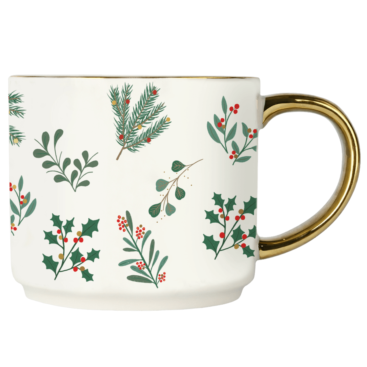 Sweet Water Decor Holiday Greenery 14oz Gold Handle Mug - Fine Bone China Christmas