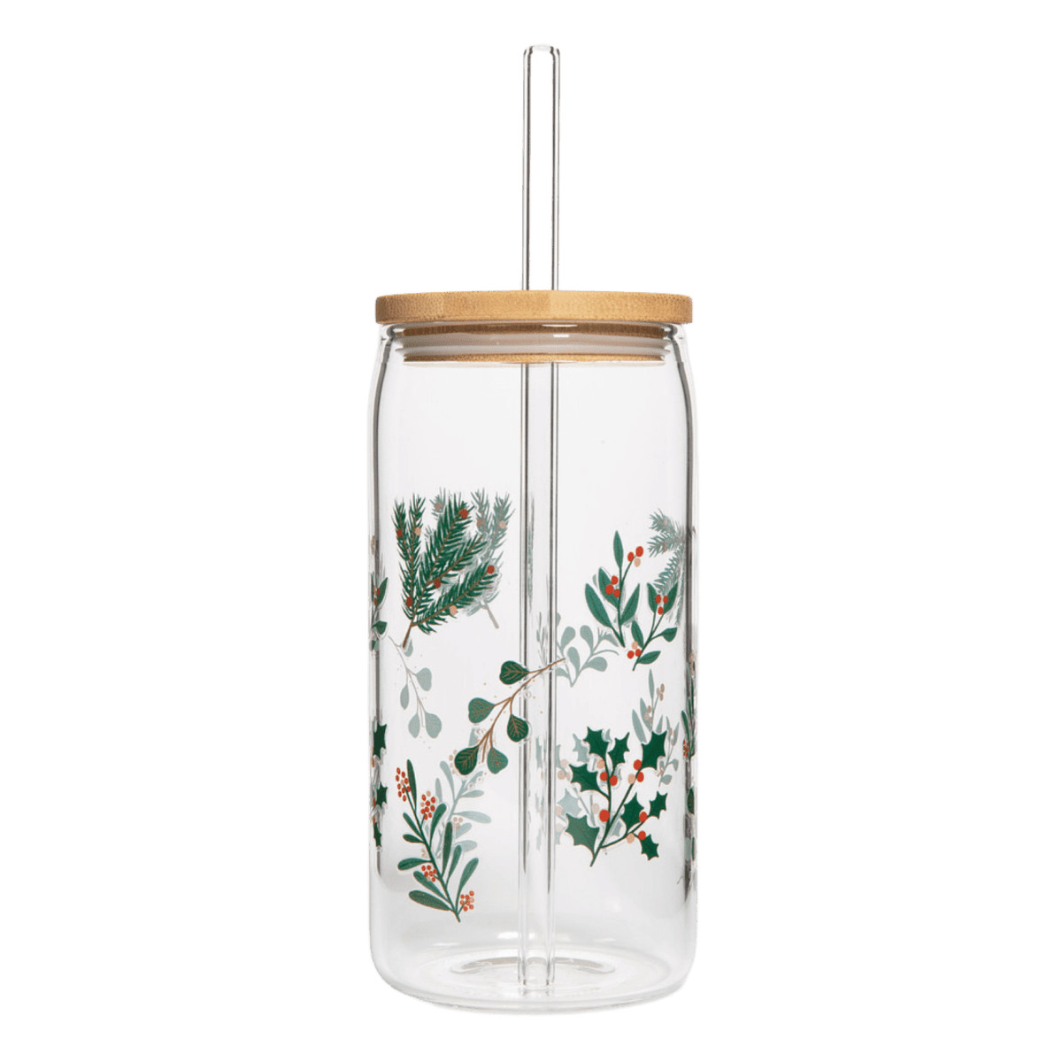 Sweet Water Decor Holly Can Glass with Bamboo Lid & Straw, 17 oz Festive Greenery