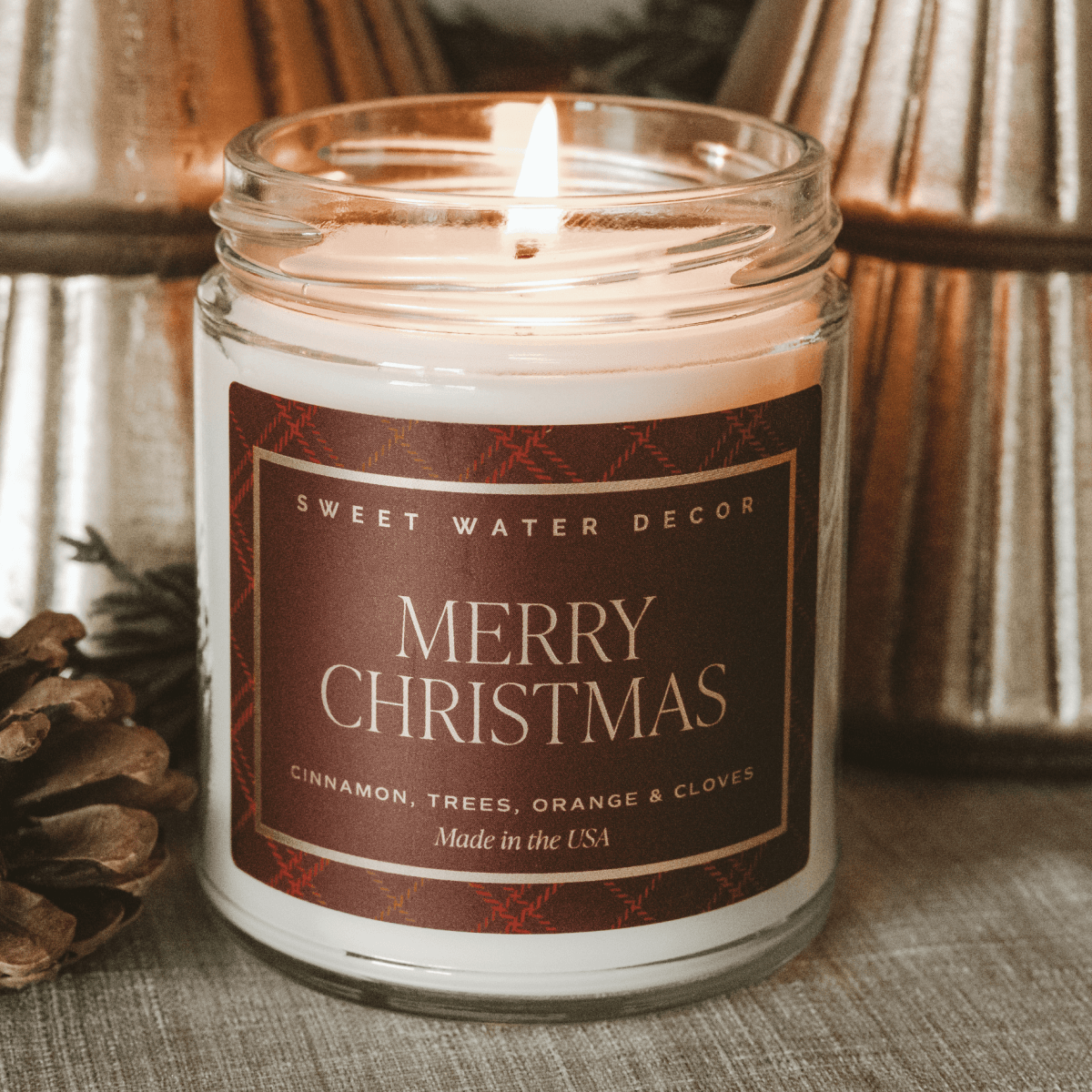 Sweet Water Decor Merry Christmas Soy Candle - 9 oz Clear Jar - Apple Cider & Cinnamon
