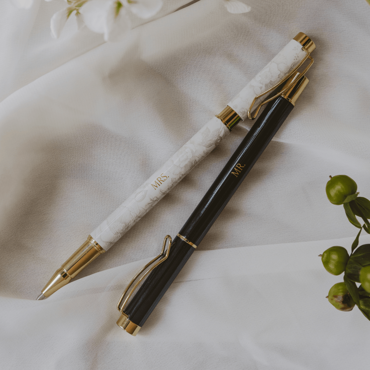 Sweet Water Decor Mr. & Mrs. Wedding Pen Set – Delft & Black Ballpoint Pens for Vows & Signing