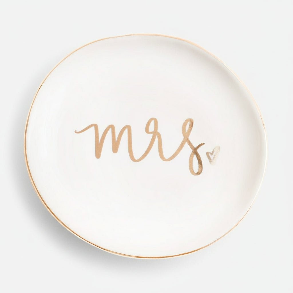 Sweet Water Decor Mrs. Ceramic Ring Dish - Gold Foil Cream 4x4" Jewelry Holder