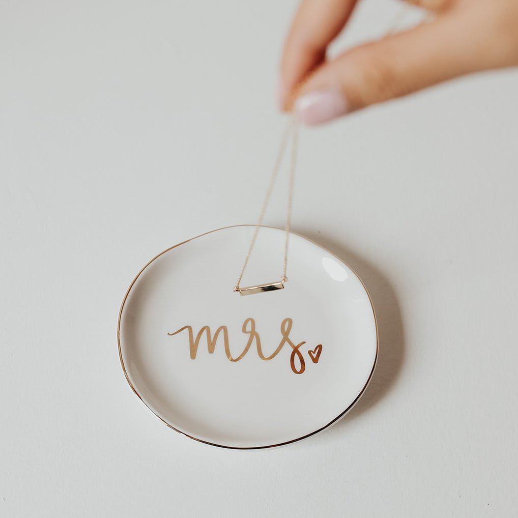 Sweet Water Decor Mrs. Ceramic Ring Dish - Gold Foil Cream 4x4" Jewelry Holder