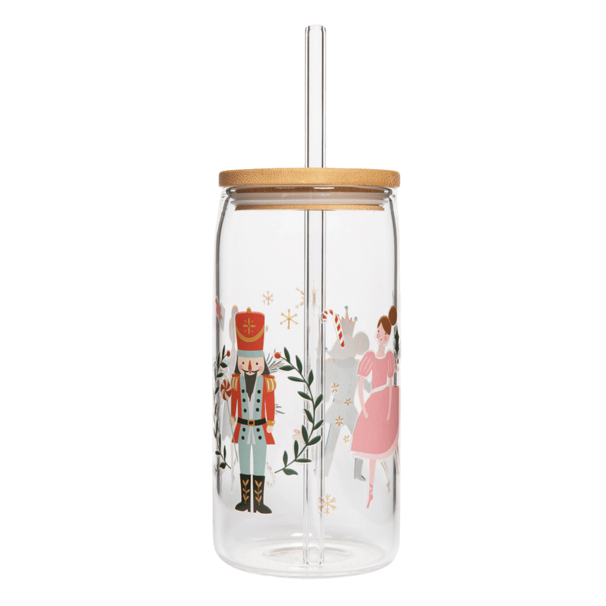 Sweet Water Decor Nutcracker Glass Can Tumbler, 17oz with Bamboo Lid & Straw